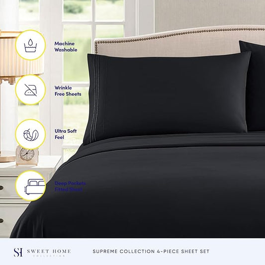 Full Size Sheet Sets - Breathable Luxury Sheets with Full Elastic & Secure Corner Straps Built In - 1800 Supreme Collection Extra Soft Deep Pocket Bedding Set, Sheet Set, Full, Black