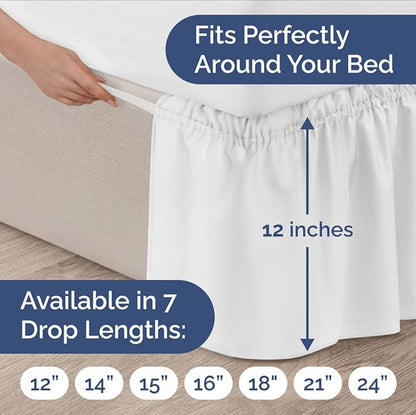 Wrap Around Dust Ruffle Bed Skirt - White - for Queen Size Beds with 12 Inch Drop - Easy Fit Elastic Strap - Adjustable Pleated Bedskirt w/Brushed Fabric - Wrinkle Free - for Women, Men, Kids & Teens