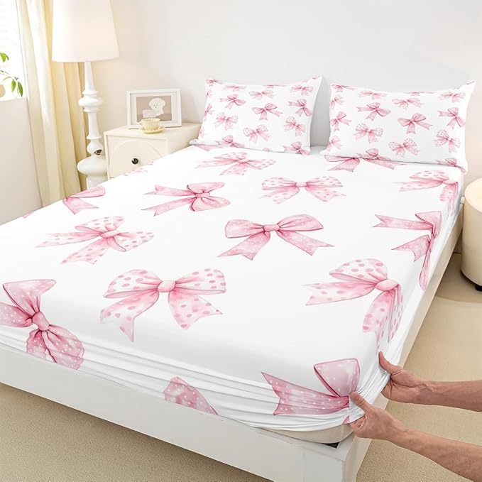 Erosebridal Pink Bow Fitted Sheet Full Coquette Bowknot Bed Sheets for Boys Girls Princess Girls Ribbon Bowtie Bed Set Watercolor Cute Sheets with 2 Pillowcases