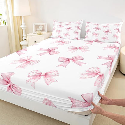 Erosebridal Pink Bow Fitted Sheet Full Coquette Bowknot Bed Sheets for Boys Girls Princess Girls Ribbon Bowtie Bed Set Watercolor Cute Sheets with 2 Pillowcases