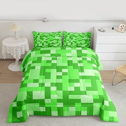 Pixelated Miners Game Kids Bedding Set King Size,Video Games Gamepad Gaming Comforter Set,Geometric Square Quilt Comforter,Light Green Bedroom Duvet Insert,2 Pillowcases