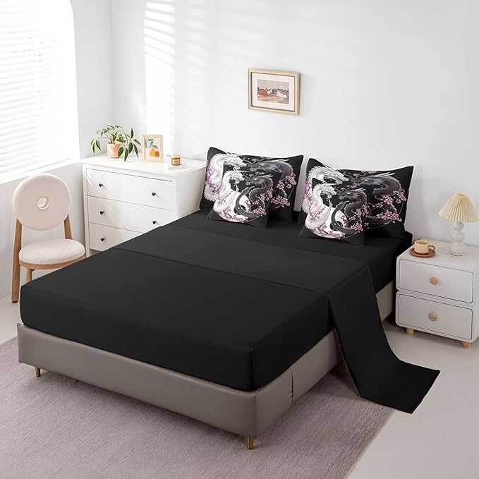 Feelyou Dragon Comforter Set 7 Pieces Queen Size Yin Yang Cherry Flower Bedding Set for Boys Girls Wildlife Bed in a Bag with Comforter, Sheets, Pillowcases & Cushion Covers