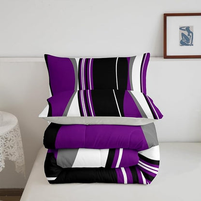 Erosebridal Purple Black Abstract King Bedding Set Grey Modern Striped Comforter Set for Adult Women Men Geometric Stripes Lines Bed Collections Contemporary Art Boho Duvet Quilt Sets for Minimalist