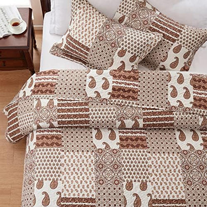 LEAONME Quilt Set King Size 3 Piece Bedspread Coverlet Lightweight Comforter Microfiber Reversible Bedding Set for All Season Oversized 98x106 Inch Bed Cover Paisley Brown (1 Quilt, 2 Pillow Shams)