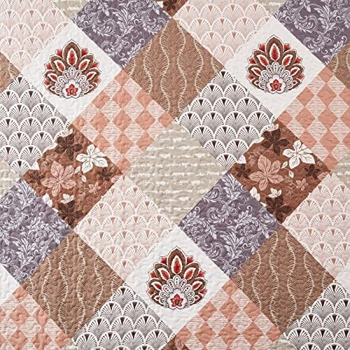 LEAONME 2 Pieces Twin Size Quilt Set Lightweight Brown Floral Bedspread 68x86 Inch Soft Patchwork Coverlet Warm Microfiber Bed Cover for All Seasons (1 Quilt,1 Pillow Sham)