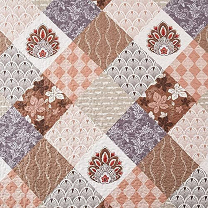 LEAONME 2 Pieces Twin Size Quilt Set Lightweight Brown Floral Bedspread 68x86 Inch Soft Patchwork Coverlet Warm Microfiber Bed Cover for All Seasons (1 Quilt,1 Pillow Sham)