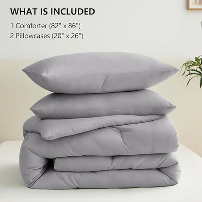 CozyLux Full Size Comforter Set Grey, 3 Pieces Solid Breathable Quilted Bedding Sets, Gray Luxury Lightweight Soft Bed Set with Down Alternative Comforter and 2 Pillowcases for All Seasons