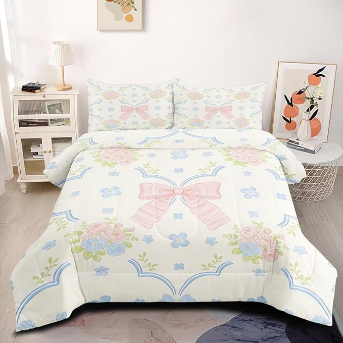 White Cartoon Queen Size Comforter Set, 3Pcs Botanical Flowers Comforter Sets for Girls Room Decor with 1 Comforter (90"x90") and 2 Pillowcases