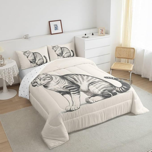 Erosebridal Kawaii Kitten Quilt Insert King Size 3D Cute Bedding Set for Kids Boys Girls Sketch Animal Beige Cat Comforter Warm Soft Comforter Set