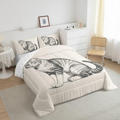 Erosebridal Kawaii Kitten Quilt Insert Twin Size 3D Cute Bedding Set for Kids Boys Girls Sketch Animal Beige Cat Comforter Warm Soft Comforter Set