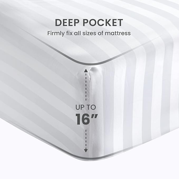 SLEEP ZONE Striped Cooling Queen Sheets Set - Fitted Flat Sheet & Pillowcase Sets 4 Piece - Super Soft Stripe Bed Sheet, Easy Care, Deep Pocket (White, Queen)
