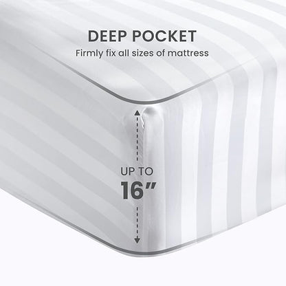 SLEEP ZONE Striped Cooling Sheets Set King Size - Fitted Flat Sheet & Pillowcase Sets 4 Piece - Super Soft Stripe Bed Sheet, Easy Care, Deep Pocket (White, King)
