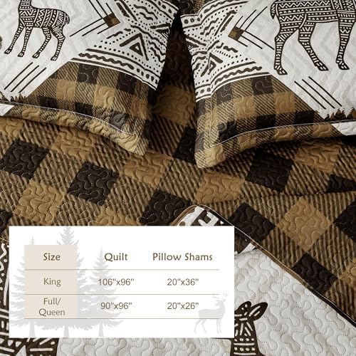 3 Piece Cabin King Size Quilt Sets Farmhouse Rustic Reversible Microfiber Soft Lightweight Bedspread Comforter with 2 Shams Patchwork Country Lodge Bedding Quilts Set for All Season, 106''x96'', Brown
