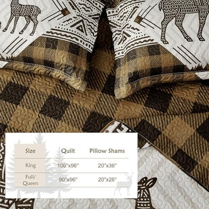 3 Piece Cabin King Size Quilt Sets Farmhouse Rustic Reversible Microfiber Soft Lightweight Bedspread Comforter with 2 Shams Patchwork Country Lodge Bedding Quilts Set for All Season, 106''x96'', Brown