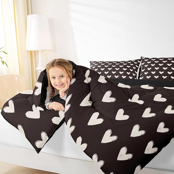 Black and White Full Size Comforter Sets for Girls Cute Heart Pattern Bedding for Teens Valentine Day Gift Cartoon Love Geometric Duvet Insert Love Heart Down Comforter Cute Bedding Quilt 3Pcs
