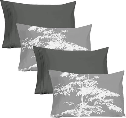 YIYEA Pillow Cases Queen Size Set of 4, Ultra Soft 1800TC Hotel Quality Double Brushed Microfiber Embroidered Pillowcases and Floral Pillow Covers, Envelope Closure, Fade Resistant (20"x30")