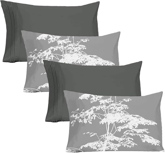 YIYEA Pillow Cases Queen Size Set of 4, Ultra Soft 1800TC Hotel Quality Double Brushed Microfiber Embroidered Pillowcases and Floral Pillow Covers, Envelope Closure, Fade Resistant (20"x30")