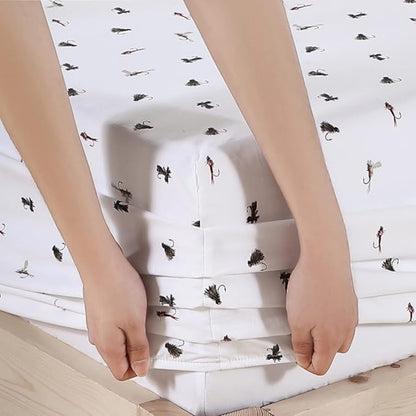 Eddie Bauer - Twin XL Sheet Set, Cotton Percale Bed Sheets, Crisp & Cool, Ideal Dorm Essentials (Fishing Flies White, Twin XL)