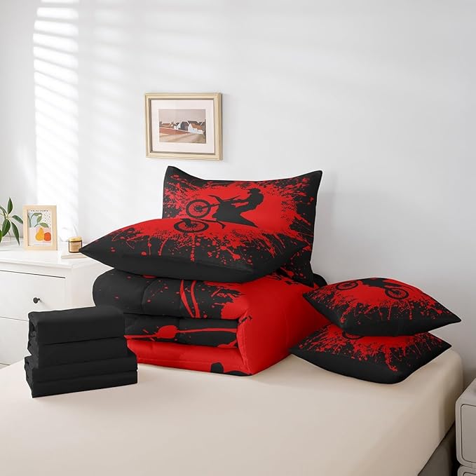 Erosebridal Motocross Bed in a Bag Queen Comforter Set 7 Piece,Motorcycle Dirt Bike Bedding Sets Motorbike Race Car Sheet Set with Comforter