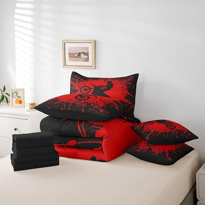 Erosebridal Motocross Bed in a Bag King Size Comforter Set 7 Pieces,Motorcycle Dirt Bike Bedding Sets Motorbike Race Car Sheet Set with Comforter