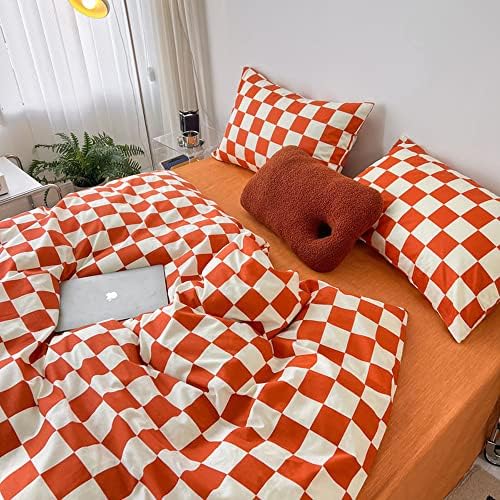 Wellboo Orange White Plaid Comforter Sets California King Women Girls Light Red Checkerboard Bedding Comforters Cal King Cotton Rust Caramel and White Checkered Geometric Quilts Modern Abstract Bed