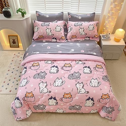 7 Piece Girls Cats Bedding Comforter Set Twin Size for Kids Bed in A Bag Pink Cute Cartoon Pet Cat Bedding Set for Boys Teens (1 Comforter, 1 Flat Sheet, 1 Fitted Sheet, 4 Pillow Sham) Gray