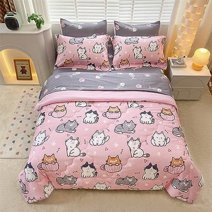 7 Piece Girls Cats Bedding Comforter Set Twin Size for Kids Bed in A Bag Pink Cute Cartoon Pet Cat Bedding Set for Boys Teens (1 Comforter, 1 Flat Sheet, 1 Fitted Sheet, 4 Pillow Sham) Gray