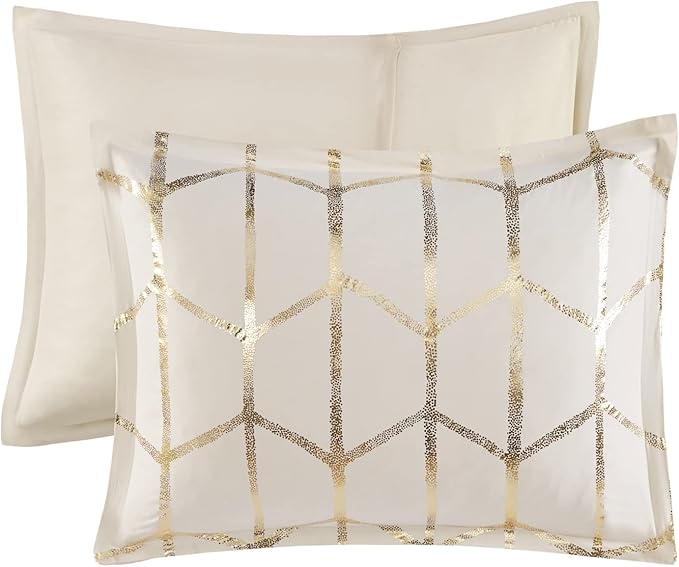 Intelligent Design Raina Full/Queen Comforter Set, Soft Microfiber, Modern Geometric Metallic Bed Set, 5 Pieces College Bedding with 2 Shams, 2 Toss Pillows Ivory/Gold