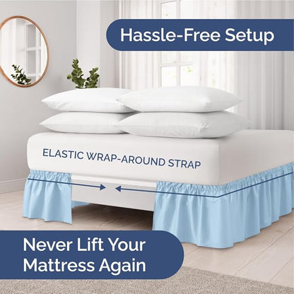 Wrap Around Dust Ruffle Bed Skirt - Light Blue - for King Size Beds with 24 Inch Drop - Elastic Strap - Adjustable Pleated Bedskirt with Brushed Fabric and Wrinkle Free - for Women, Men, Kids & Teens