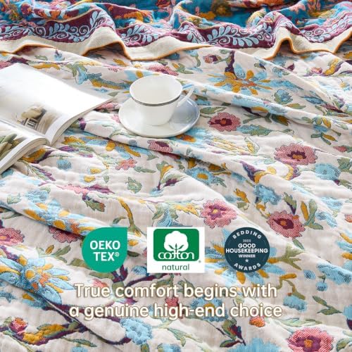 VANJOROY Boho Throw Blanket, 100% Organic Cotton Breathable Skin-Friendly Ultra Soft 50" x 60" Bed Quilt Throw - Floral Rustic Decor Luxury Reversible Blanket for Sofa Couch Chair and Gift,