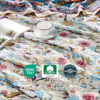VANJOROY Boho Throw Blanket, 100% Organic Cotton Breathable Skin-Friendly Ultra Soft 50" x 60" Bed Quilt Throw - Floral Rustic Decor Luxury Reversible Blanket for Sofa Couch Chair and Gift,