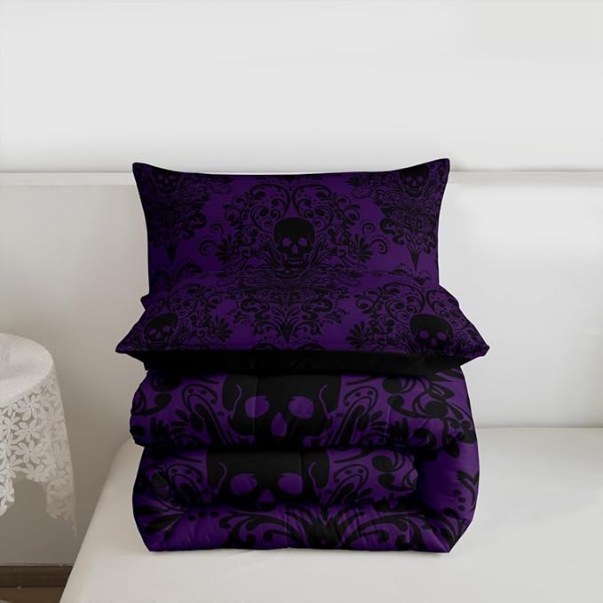 Feelyou Adults Gothic Skull Bedding Set Twin Size Kids Damask Print Comforter Goth Bohemian Duvet Breathable Soft Lightweight Microfiber Black Purple Room Decor with 1 Pillowcase