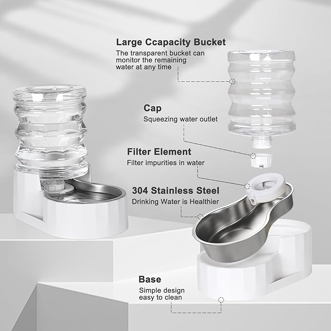 RIZZARI 5L Gravity Cat Water Dispenser: Filtered for Small Pets | Reduced Refills / Stainless Steel Bowl / Anti Splash Base /BPA-Free Materials/ Easy Cleaning / Kitchen Living Room Use