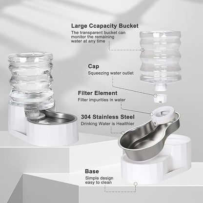 RIZZARI 5L Gravity Cat Water Dispenser: Filtered for Small Pets | Reduced Refills / Stainless Steel Bowl / Anti Splash Base /BPA-Free Materials/ Easy Cleaning / Kitchen Living Room Use