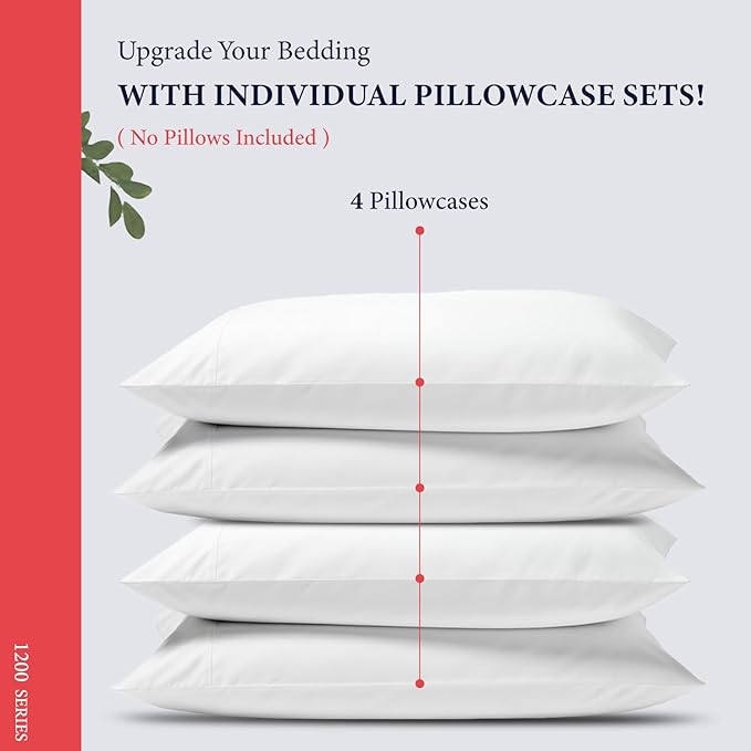 Ashton Sheets 100% Egyptian Cotton Pillow Cases Standard/Queen Size Set of 4 - Luxury 1200 Thread Count Sateen White Pillow Cases, Silky Soft Cotton Pillowcases Fits Standard & Queen Size Pillows