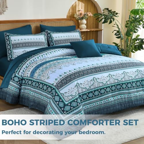 Teal Blue Boho Comforter Set King Size,8 Pieces Striped Bed in a Bag