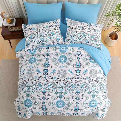 DHSFKBE Boho Comforter Set King - 7 Pieces Bed in a Bag Floral Design, Bohemian Comforter Set with Sheets, Soft Microfiber Complete Bedding Sets All Season (Light Blue, King)