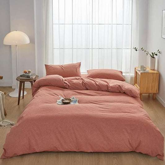 FACE TWO FACE Bedding Duvet Cover Set 3 Pieces 100% Washed Cotton Duvet Cover Linen Like Textured Breathable Durable Soft Comfy (Queen, Caramel)