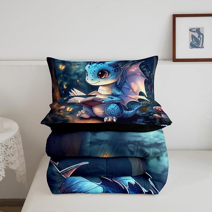 3D Cartoon Dragon Bedding Set Twin Size Western Fairy Tale Comforter for Child Teens Sparkling Pink Butterfly Down Comforter Mysterious Jungle Duvet Insert with 1 Pillowcase