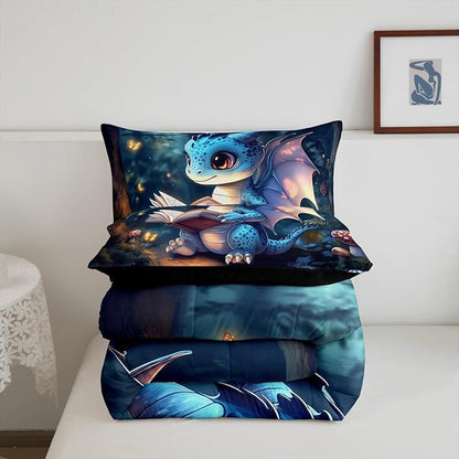 3D Cartoon Dragon Bedding Set Full Size Western Fairy Tale Comforter for Child Teens Sparkling Pink Butterfly Down Comforter Mysterious Jungle Duvet Insert with 2 Pillowcases