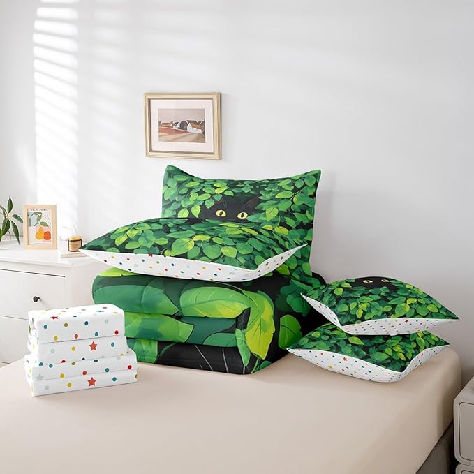 jejeloiu Cute Cat Bedding Set 7Pcs Full Size Kids Kawaii Kitten Comforter Set with Sheets for Boys Girls Green Plant Bed in a Bag Soft Lightweight,Microfiber