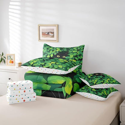 jejeloiu Cute Cat Bedding Set 7Pcs Twin Size Kids Kawaii Kitten Comforter Set with Sheets for Boys Girls Green Plant Bed in a Bag Soft Lightweight,Microfiber