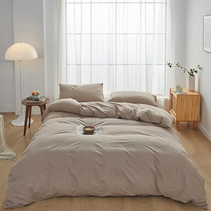 FACE TWO FACE Bedding Duvet Cover Set 3 Pieces 100% Washed Cotton Duvet Cover Linen Like Textured Breathable Durable Soft Comfy (California King, Khaki)