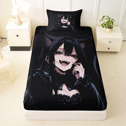 Erosebridal Anime Girl Twin Bed Sheets 3D Japanese Fitted Sheet,Gothic Style Cat Girls Kids Bedding Sets Cool Anime Gift Sheets with 1 Pillowcase