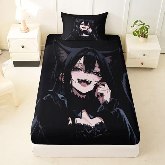 Erosebridal Anime Girl Twin Bed Sheets 3D Japanese Fitted Sheet,Gothic Style Cat Girls Kids Bedding Sets Cool Anime Gift Sheets with 1 Pillowcase