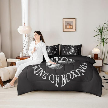 Castle Fairy Boxing Gloves King Size Bedding Sets with Sheets,Comforter,Pillowcases,Pillow Covers Gray Stars Decor Boxing Theme Comforter Set for Kids Teens Adults Bedroom Dorm Bed Set 7 Pcs