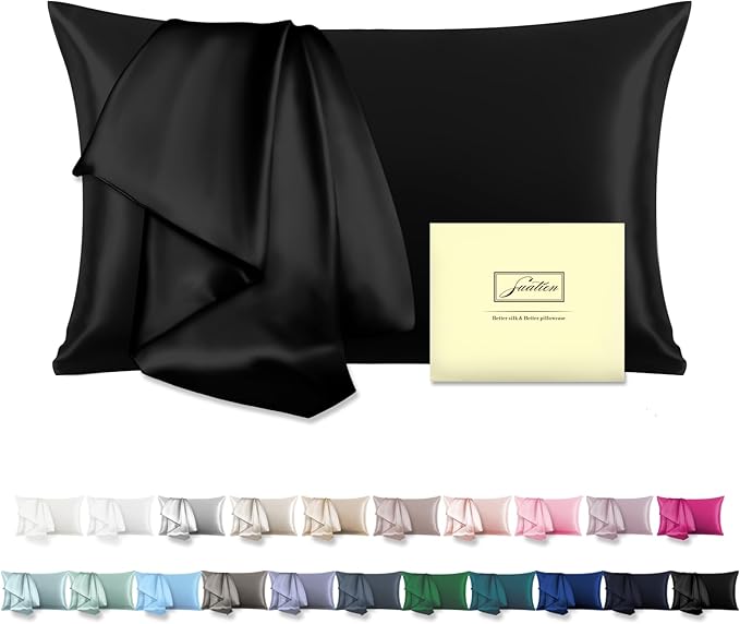 Natural Mulberry Silk Pillowcase for Hair and Skin Queen Size 20"X30" Pillow Case with Hidden Zipper Soft Breathable Smooth Cooling Silk Pillow Covers for Sleeping (Black,Queen,1Pcs)