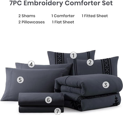 MaiRêve Embroidery King Size Comforter Set Crown Blue, Boho Farmhouse Western Bedding Set 7 Pieces, All Season Bed in A Bag Comforter Set with Sheets, Pillowcases & Shams
