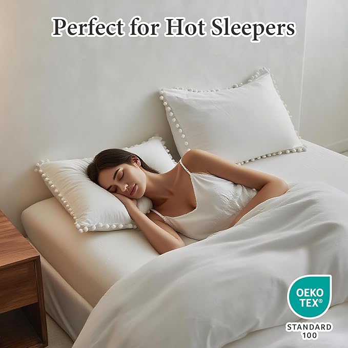 Simple&Opulence French Linen Blended Duvet Cover Queen, Flax Viscose Derived from Bamboo Bedding Set with Pom Pom Trim Soft Cooling for Hot Sleepers, 1 Boho Comforter Cover and 2 Pillow Shams, White