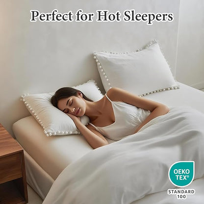 Simple&Opulence French Linen Blended Duvet Cover Queen, Flax Viscose Derived from Bamboo Bedding Set with Pom Pom Trim Soft Cooling for Hot Sleepers, 1 Boho Comforter Cover and 2 Pillow Shams, White